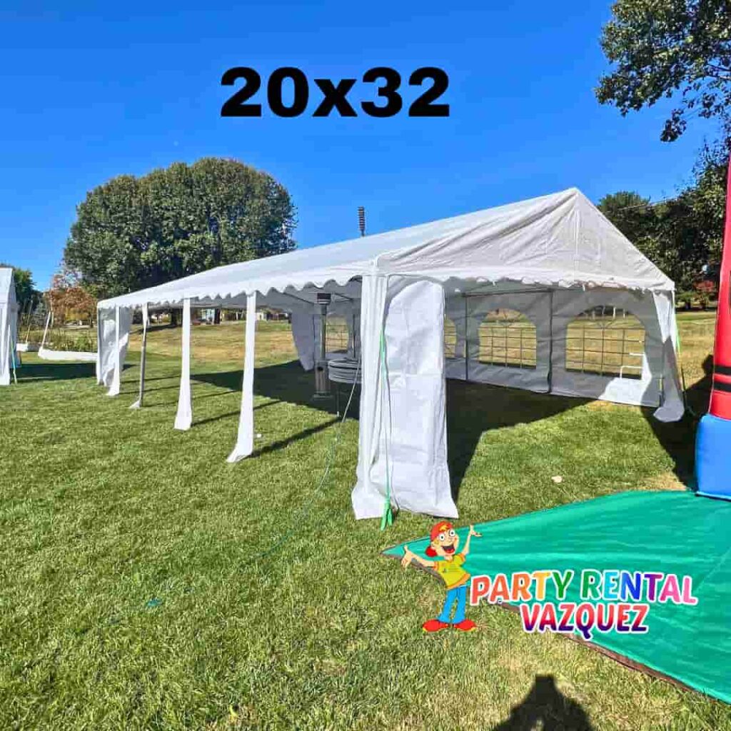 20x32 PE tent rental for 48 guests with 6 round tables and chairs, ideal for family gatherings, birthday parties, graduations, and outdoor events in Columbus, IN.