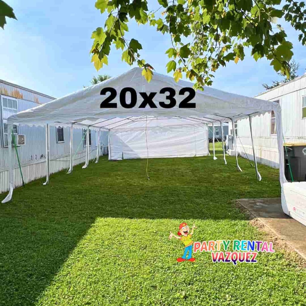 20x32 PE tent rental for 48 guests including 6 round tables and chairs, perfect for medium-large outdoor parties, graduations, and family celebrations in Columbus, IN.