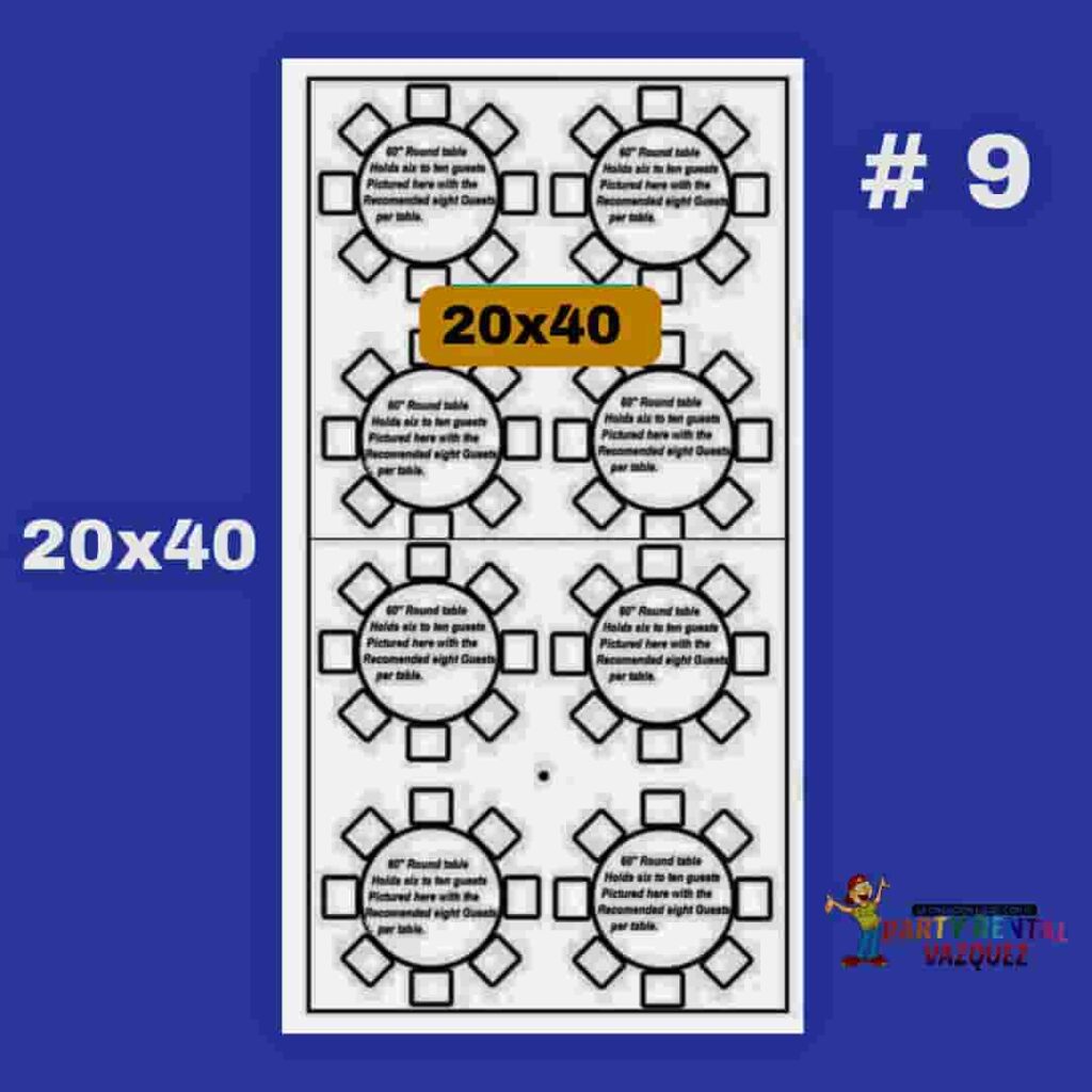 20x40 ft tent dimensions and round table seating layout showing space for tables, chairs and guests at outdoor events in Columbus, Indiana.