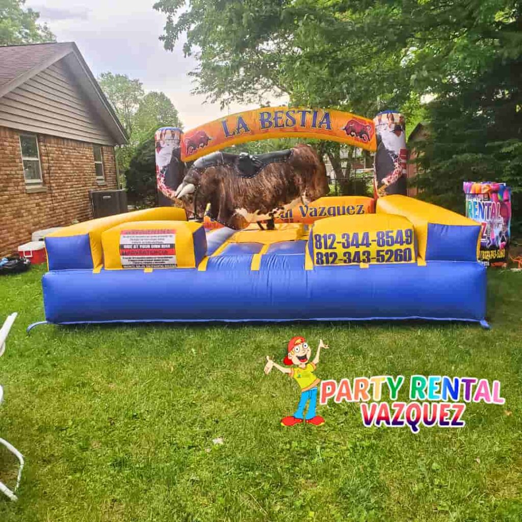 La Bestia mechanical bull rental for parties and events in Columbus Indiana by Party Rental Vazquez, rodeo attraction for birthdays, corporate events, festivals, school events, and western theme parties.