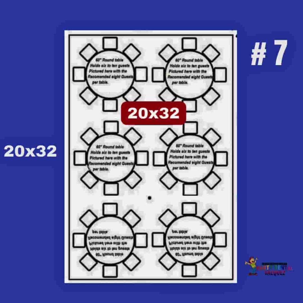 20x32 ft tent dimensions and round table seating layout showing space for guests, tables and chairs for events in Columbus, Indiana. Imagen de estacas