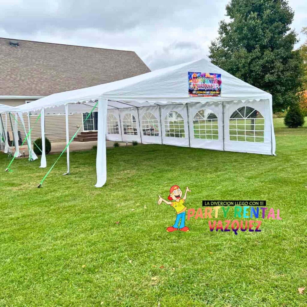 Spacious 20x40 event tent providing covered space for tables, chairs and guests at weddings, family parties and special events in Columbus, Indiana.