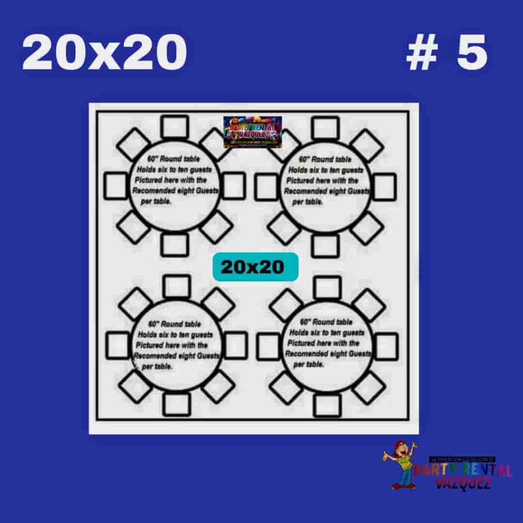 20x20 ft PE party tent dimensions and layout with round tables and chairs for weddings and outdoor event rentals in Columbus, Indiana.