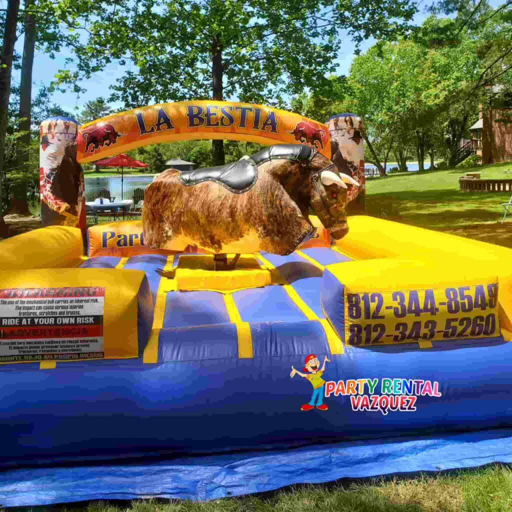 “Mechanical bull rental ‘LaBestia’ for parties in Columbus Indiana – safe, fun, and professionally operated by Party Rental Vazquez”