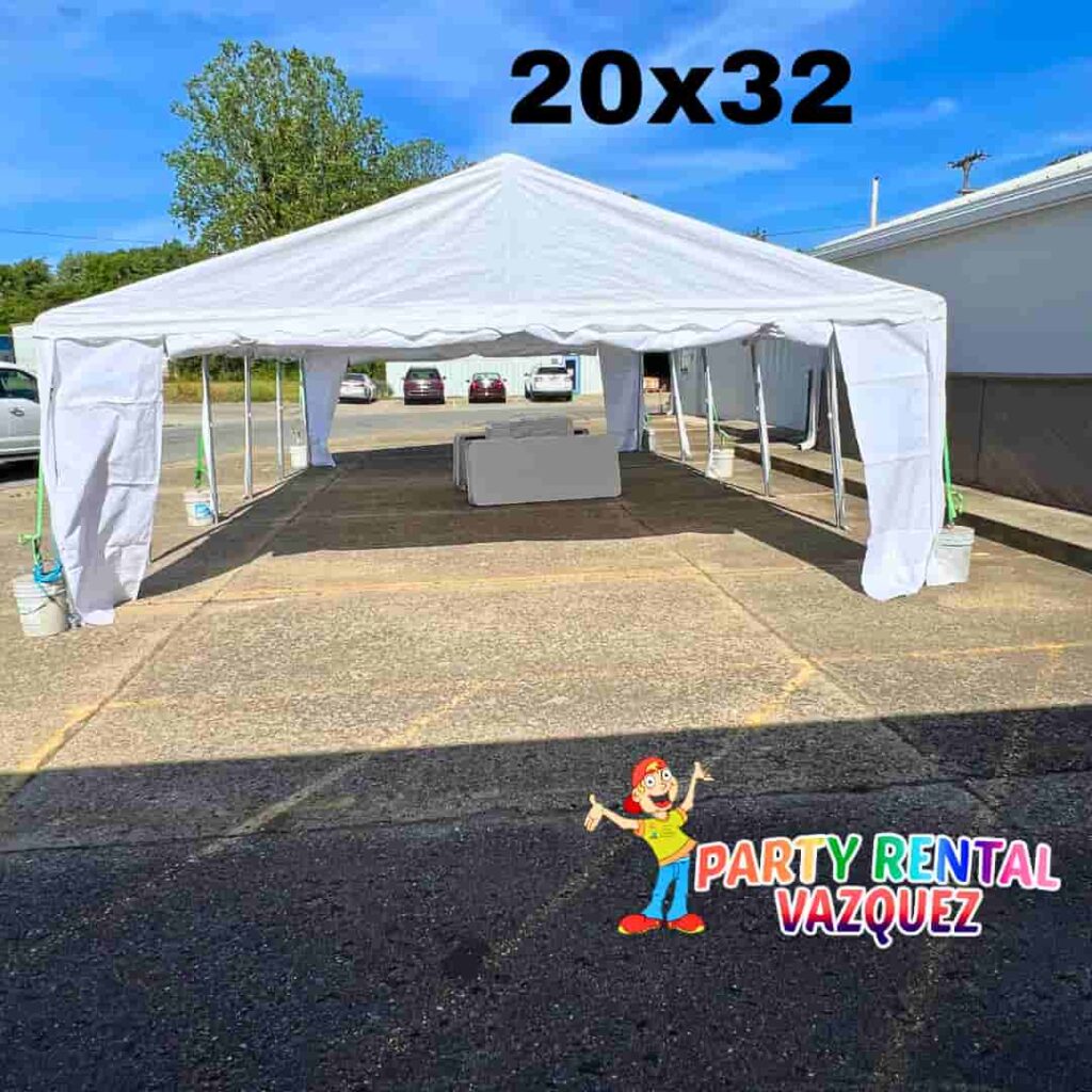 Spacious 20x32 event tent rental with professional setup for backyard parties, family celebrations, weddings and special events in Columbus, Indiana.