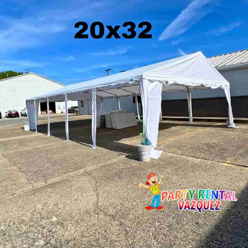 20x32 PE tent rental for 72 guests with 9 long tables and chairs, ideal for weddings, family reunions, corporate events, and large outdoor gatherings in Columbus, IN.