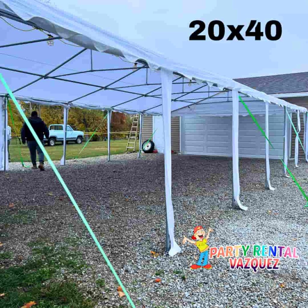20x40 PE tent rental for 64 guests with 8 round tables and chairs, ideal for weddings, graduations, and elegant outdoor events in Columbus, IN.