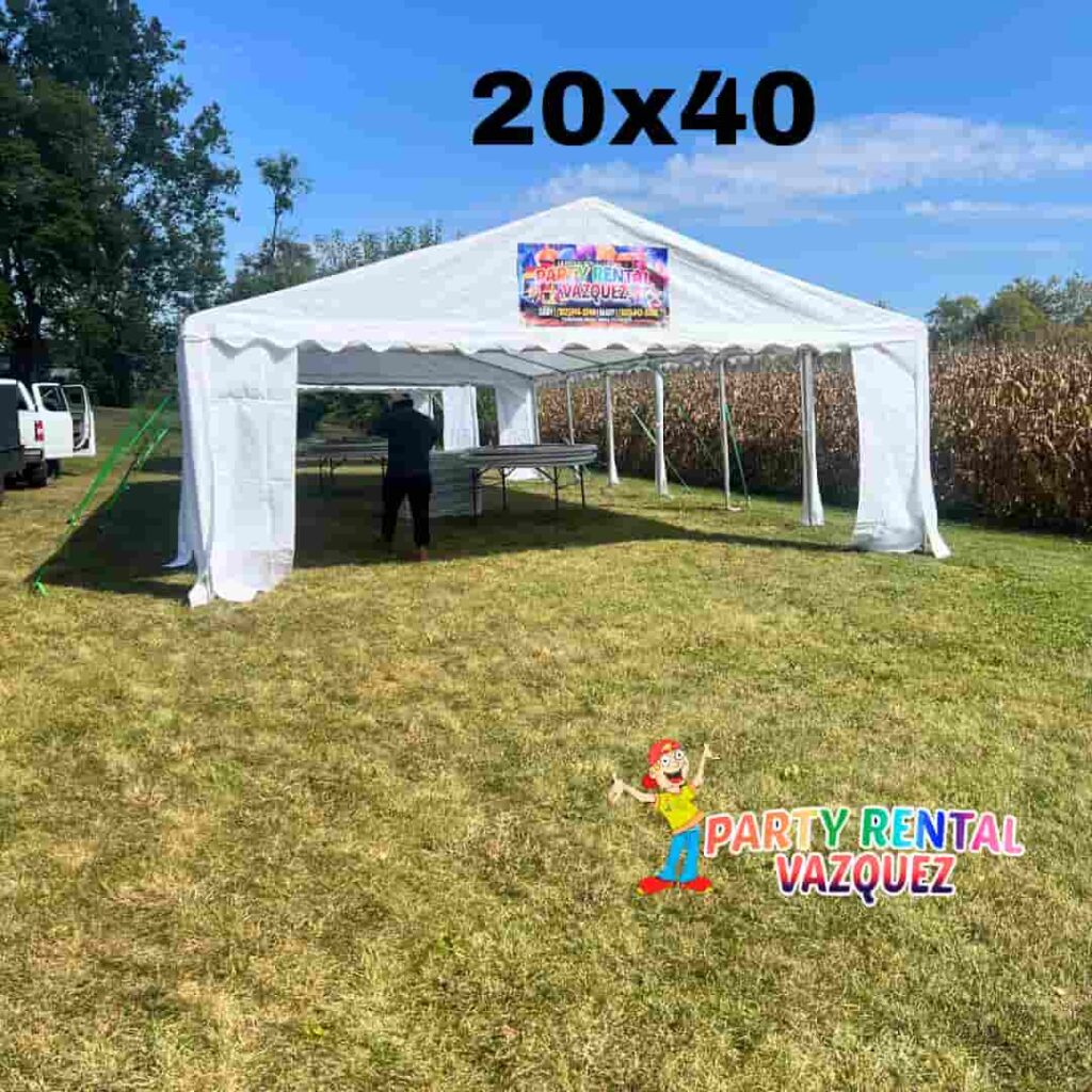 20x40 party tent rental with round tables and white chairs professionally set up by Party Rental Vazquez for weddings and special events in Columbus, Indiana.
