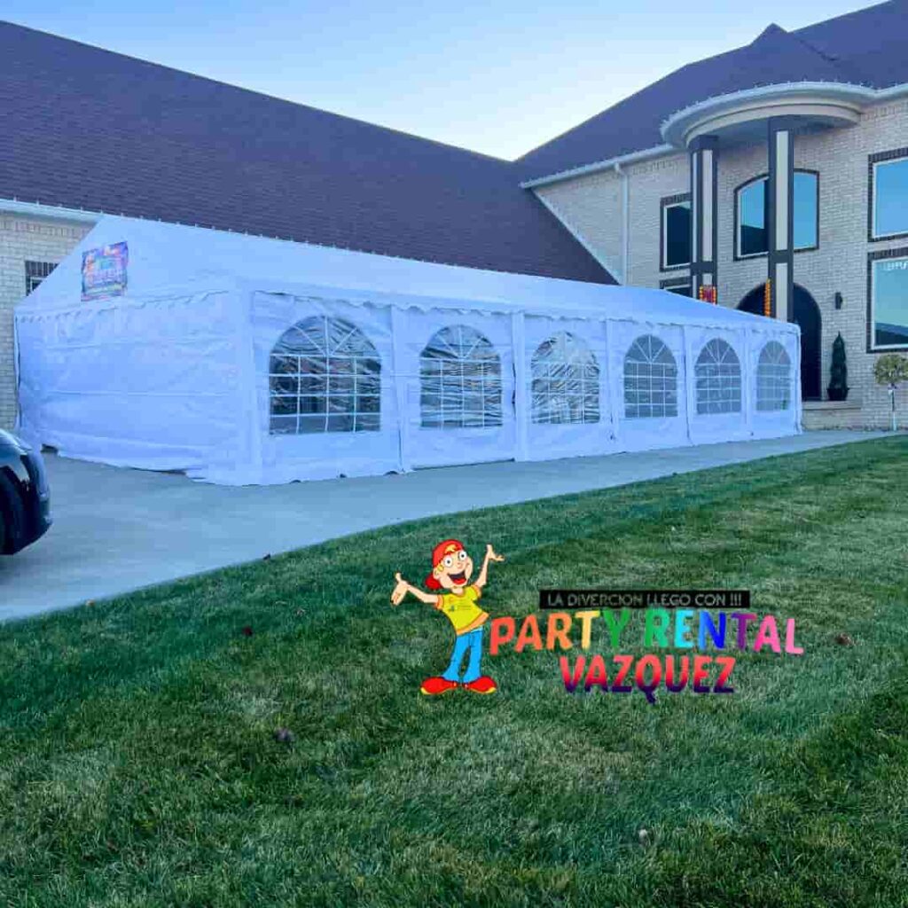 20x40 PE tent rental for 96 guests with 12 long tables and chairs, ideal for weddings, corporate events, large family gatherings, and outdoor celebrations in Columbus, IN.