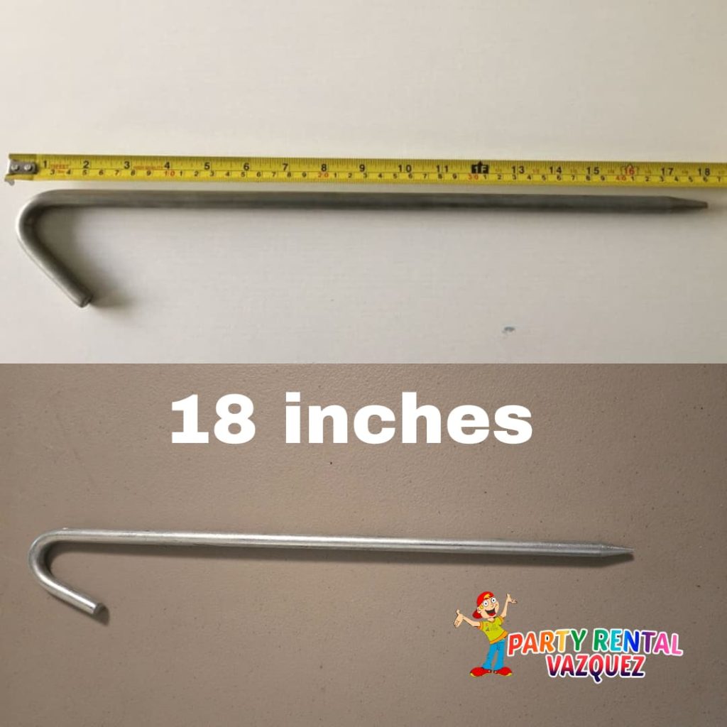18-inch heavy-duty tent stakes used by Party Rental Vazquez to securely anchor party tents on grass for outdoor events in Columbus, Indiana.