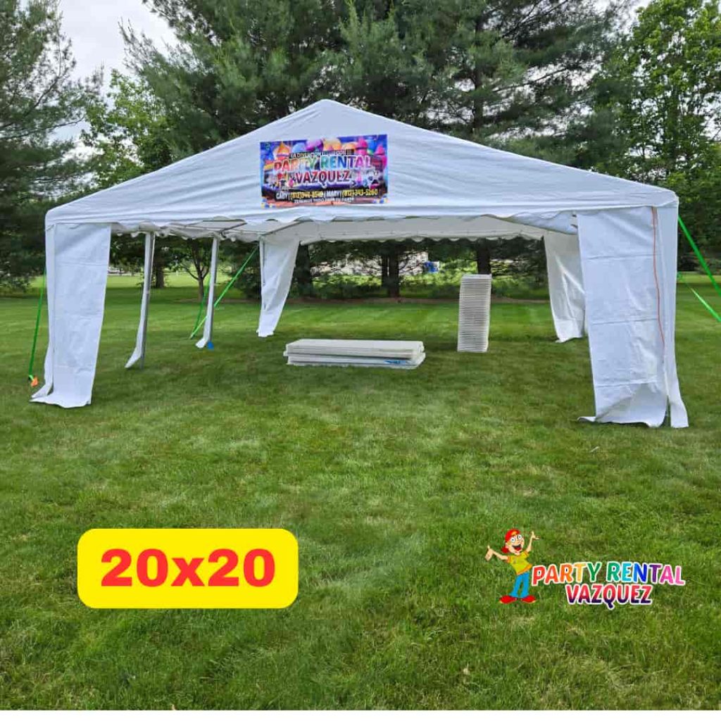 20x20 PE tent rental for 48 guests with 6 long tables and chairs, ideal for family parties, graduations, and outdoor events in Columbus, IN.