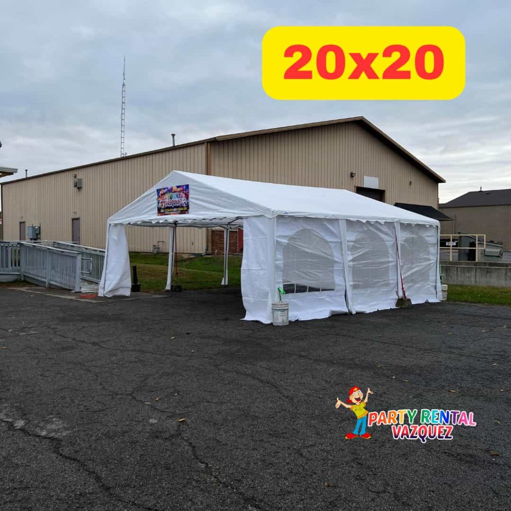 White 20x20 PE party tent with round tables and chairs by Party Rental Vazquez for weddings, birthdays and outdoor celebrations in Columbus, Indiana.