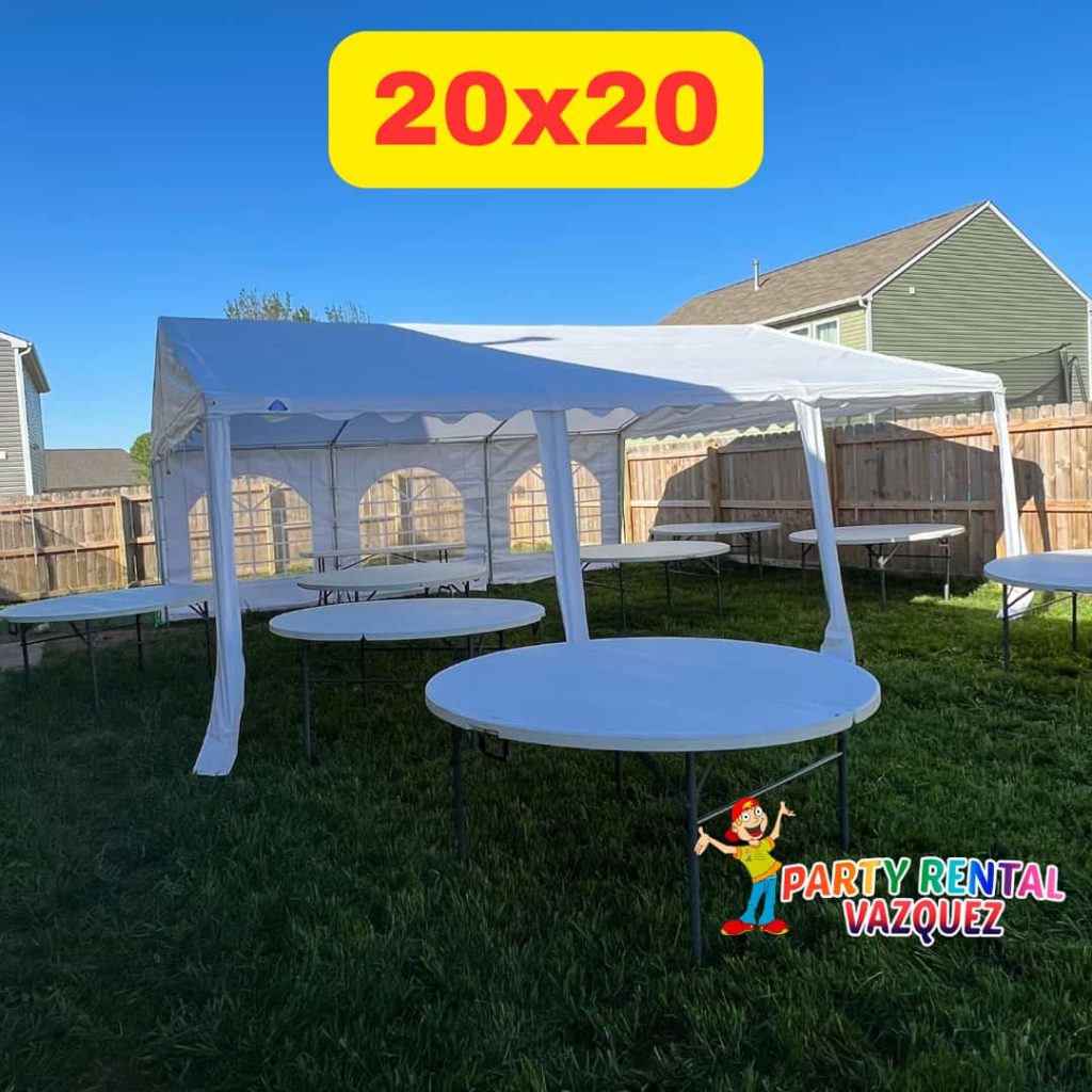 20x20 PE tent rental for 32 guests with 4 round tables and chairs, ideal for small to medium-sized family gatherings, birthday parties, and outdoor events in Columbus, IN.