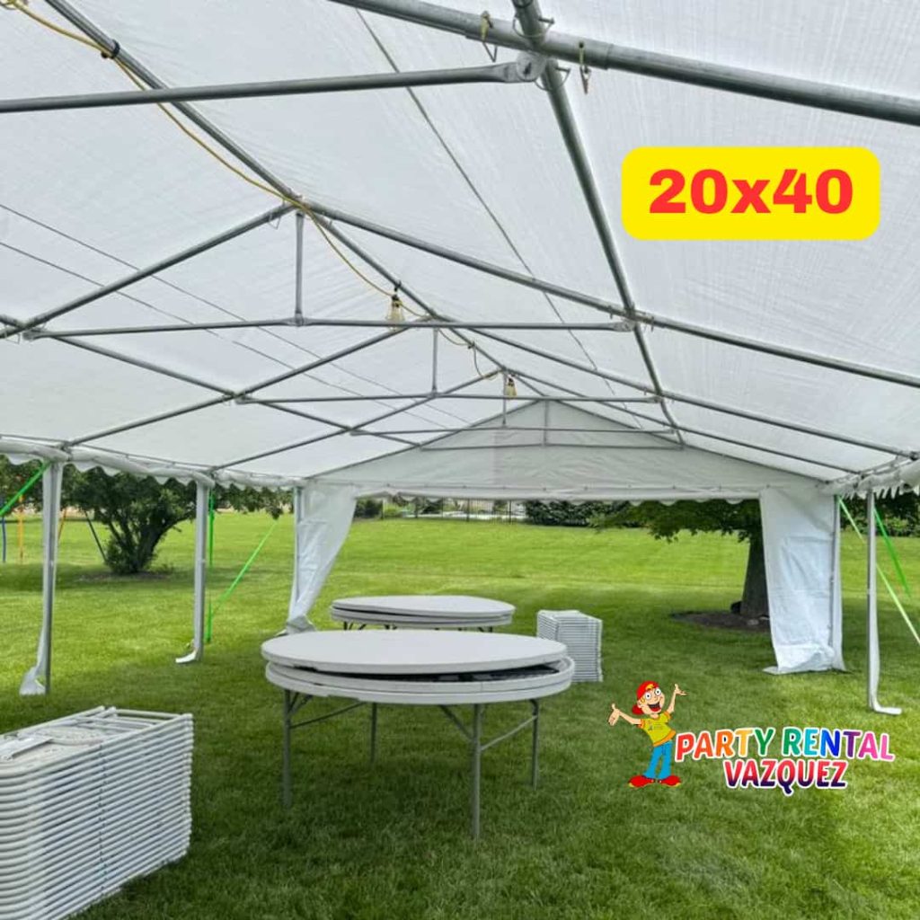 Spacious 20x40 event tent with round tables and chair seating for wedding receptions, graduation parties, family celebrations and outdoor events in Columbus, Indiana.