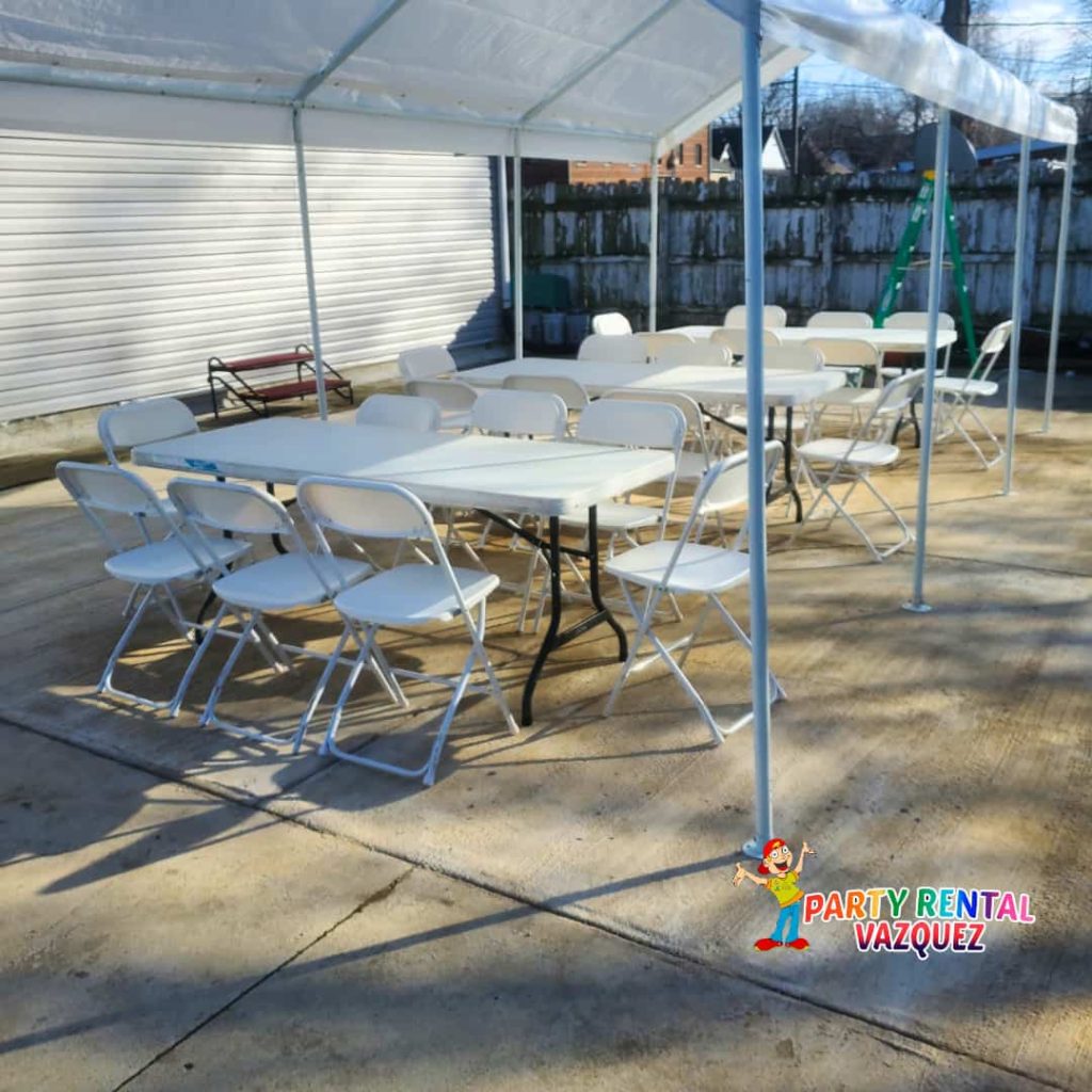 White 10x20 event tent for rent in Columbus, Indiana by Party Rental Vazquez, providing covered space for backyard parties, birthdays and special events.