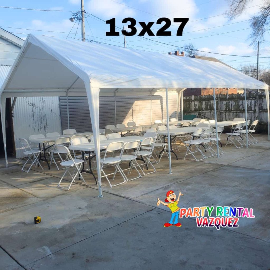 White 13x27 PE party tent rental in Columbus, Indiana by Party Rental Vazquez for birthdays, graduations, family gatherings and outdoor events.
