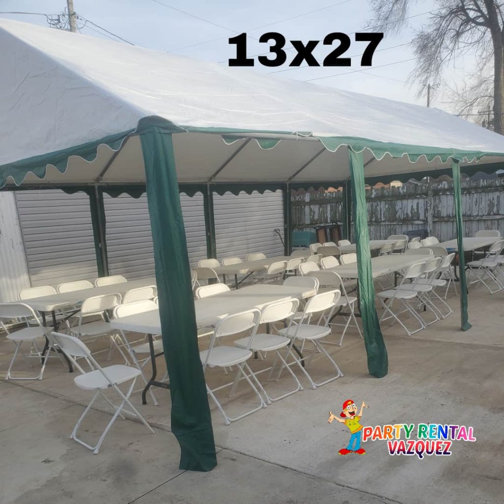 Professional 13x27 PVC event tent setup in Columbus, Indiana, providing covered space for backyard parties, weddings and special events.