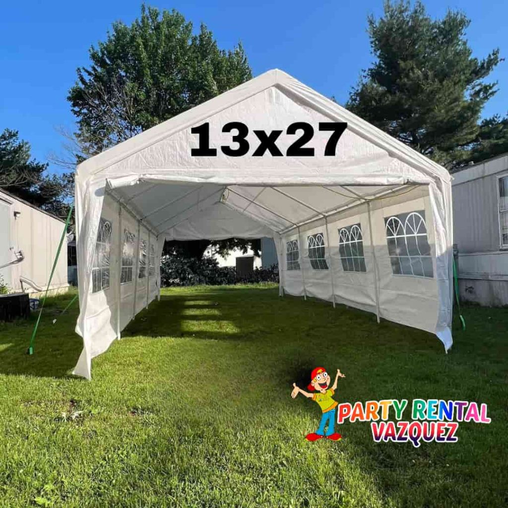 Medium-sized 13x27 PE tent rental for 48 guests, including tables and chairs, ideal for family gatherings, parties, and outdoor celebrations in Columbus, IN.