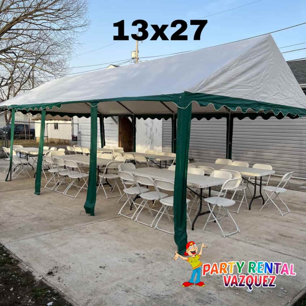 White 13x27 PVC party tent rental in Columbus, Indiana by Party Rental Vazquez for weddings, birthdays, graduations and outdoor celebrations.