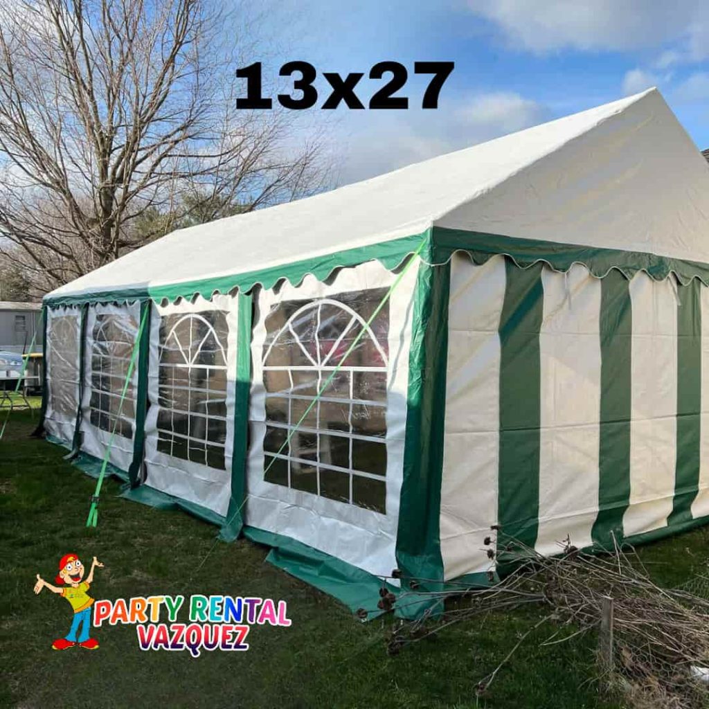 13x27 PVC tent rental for 48 guests with tables and chairs, ideal for medium-sized parties, family gatherings, and outdoor events in Columbus, IN.