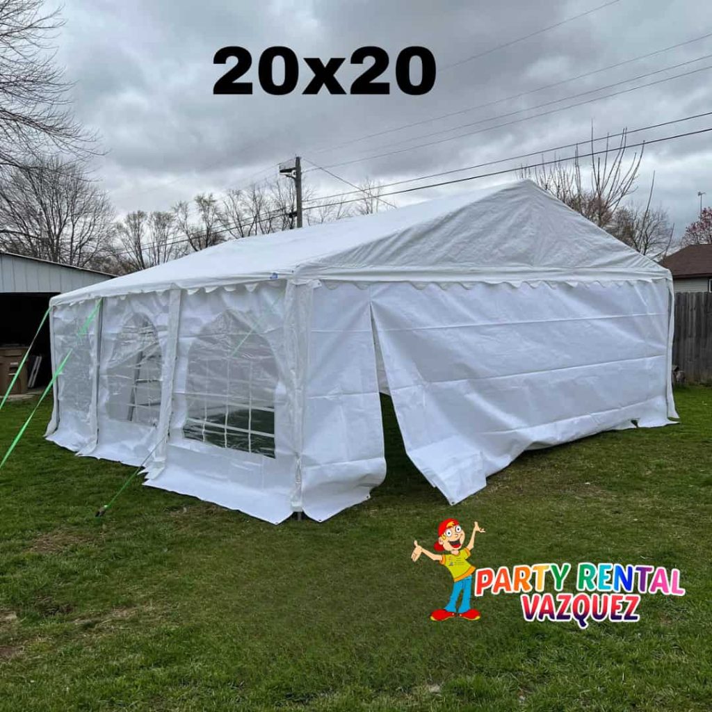 Spacious 20x20 PE tent rental for 48 guests, including 6 long tables and chairs, perfect for medium-sized outdoor gatherings and celebrations in Columbus, IN.