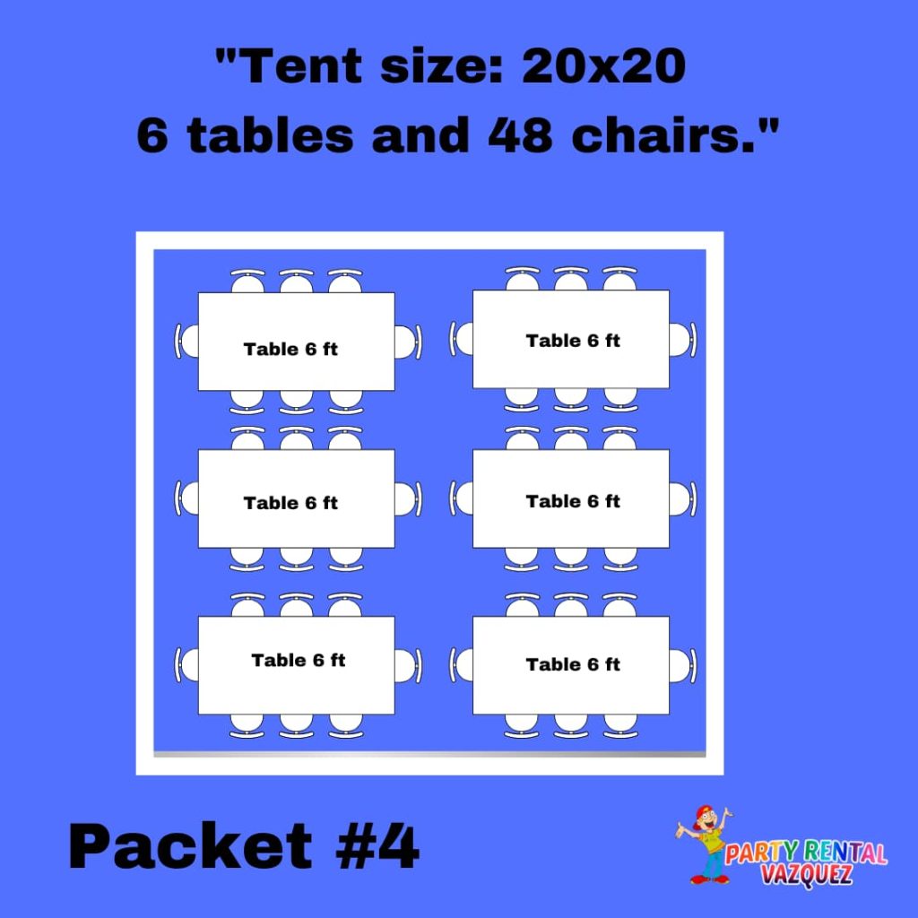 20x20 ft PE party tent dimensions and layout guide with rectangular tables and chairs for event rentals in Columbus, Indiana.