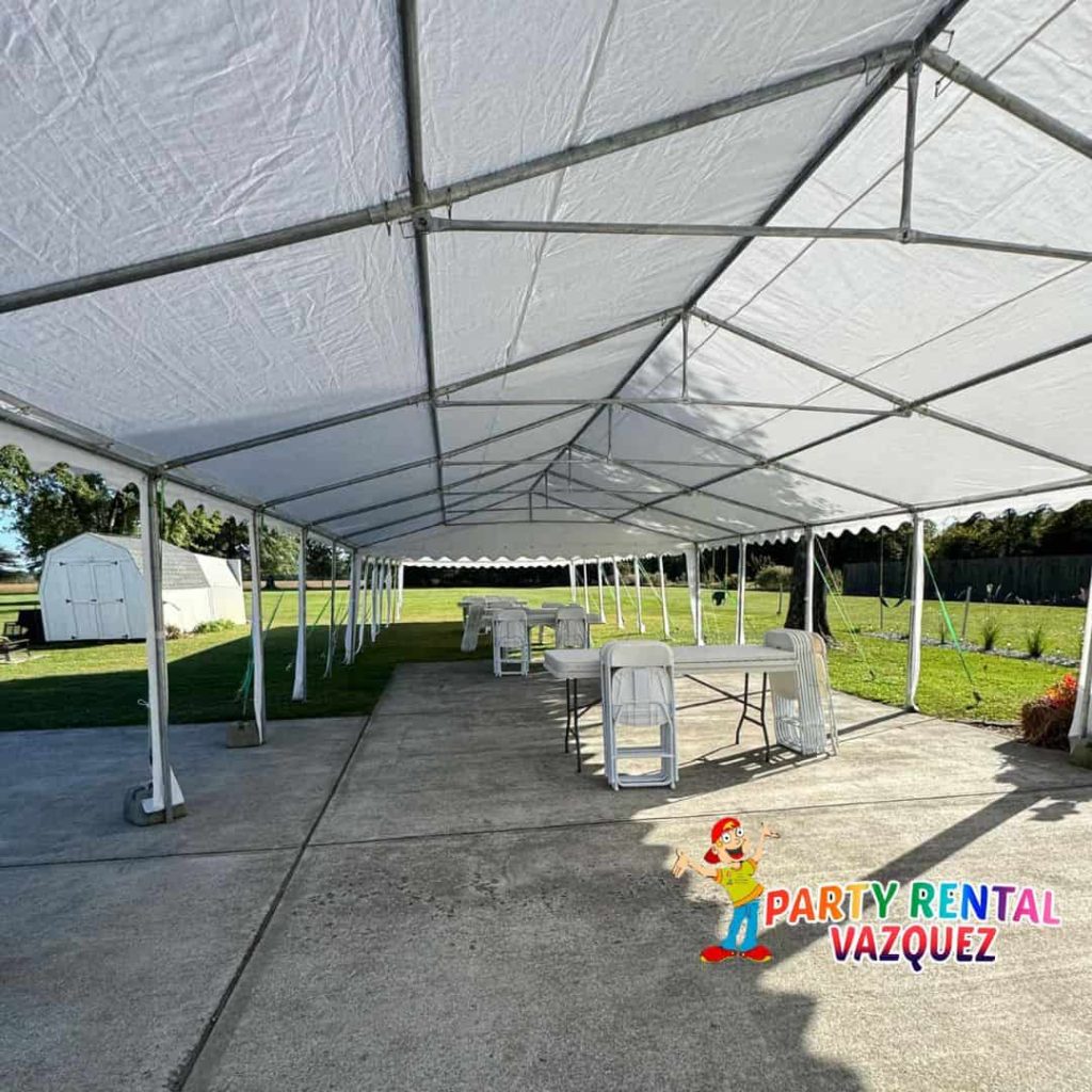 Large white 20x40 party tent rental professionally installed by Party Rental Vazquez for weddings, birthdays, graduations and outdoor events in Columbus, Indiana.