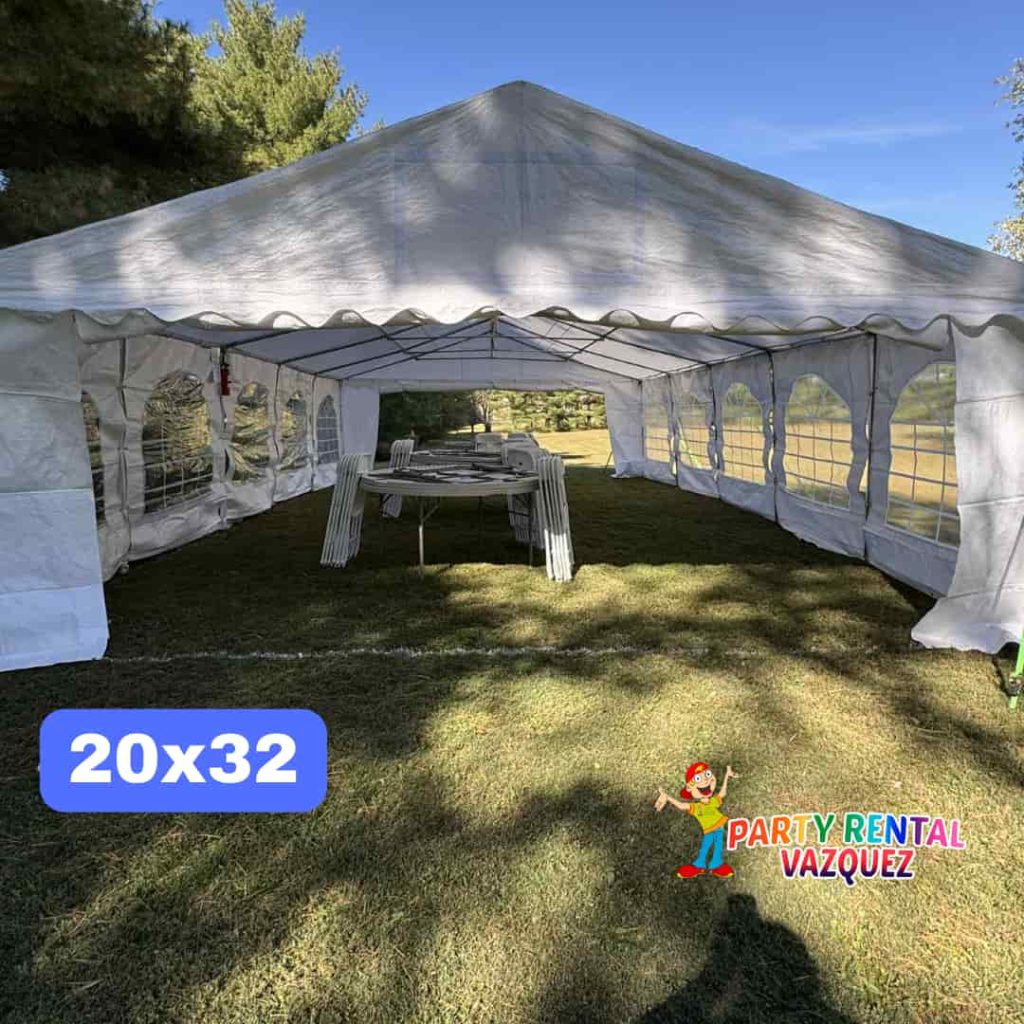 20x32 party tent rental with round tables and white chairs professionally set up by Party Rental Vazquez for weddings and special events in Columbus, Indiana.