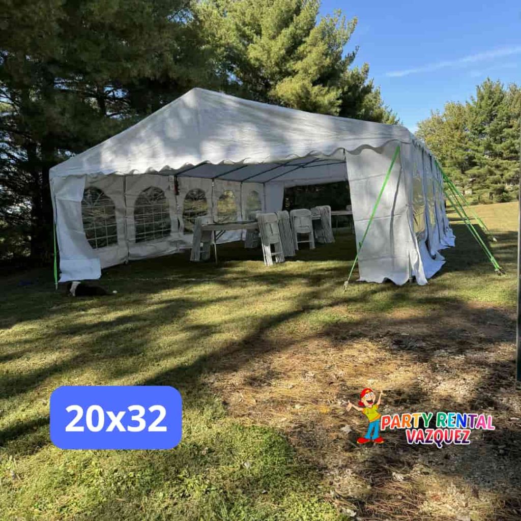 Elegant 20x32 event tent setup with round tables and chair seating for wedding receptions, graduation parties and outdoor celebrations in Columbus, Indiana.