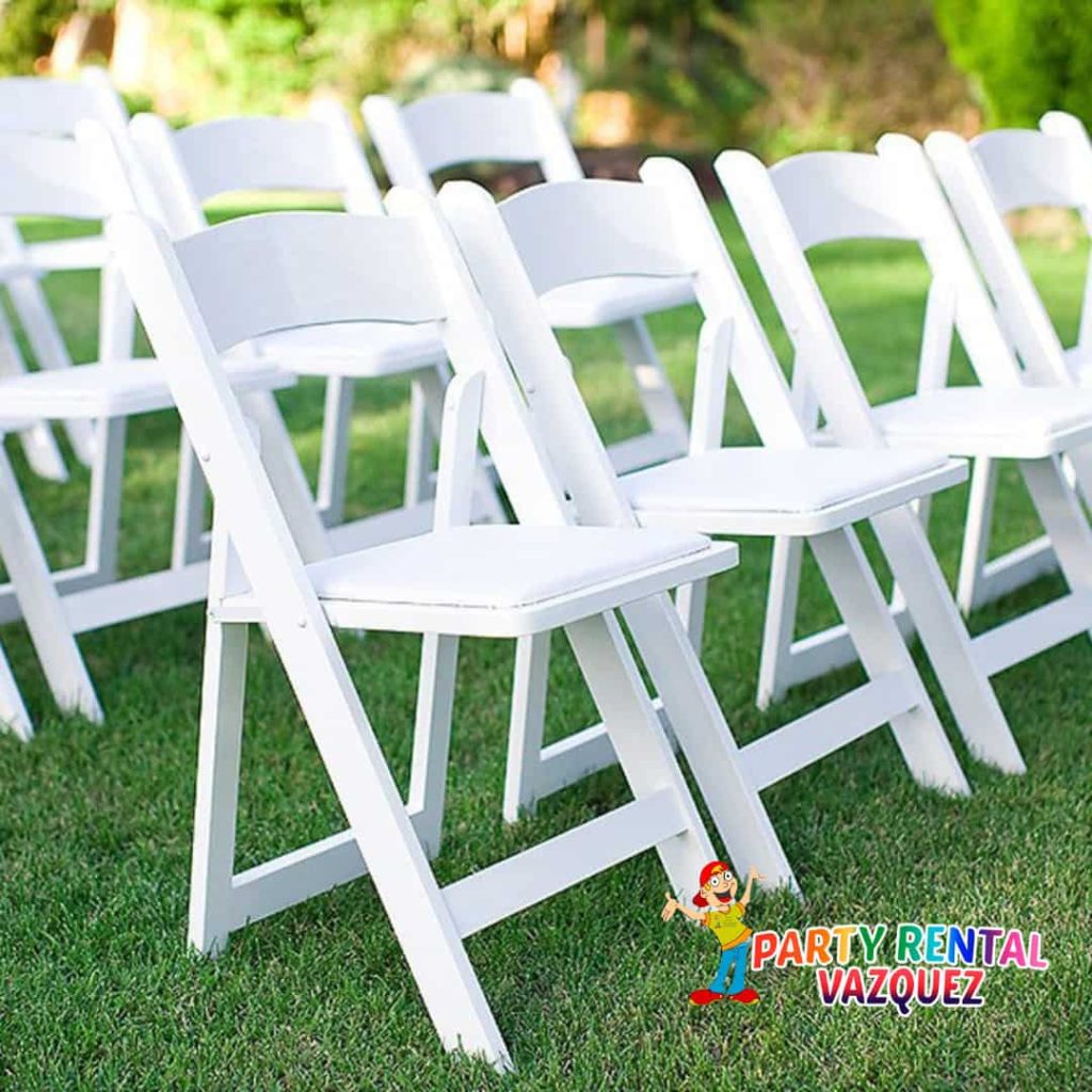 white resin chairs for rent set up for weddings and events in Columbus, Indiana, elegant and durable seating for parties and special occasions