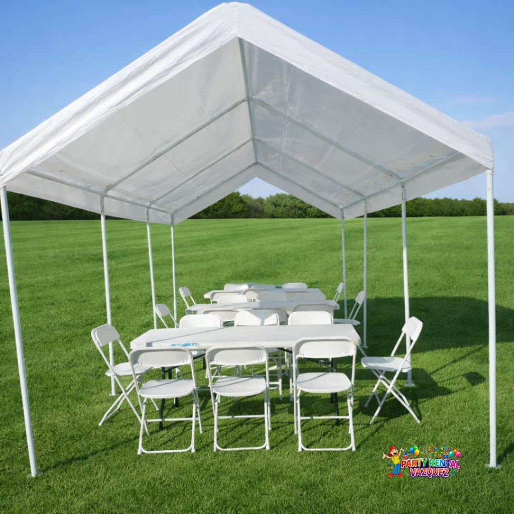 10x20 PE tent rental for 24 guests with tables and chairs, perfect for small parties, family gatherings, and events in Columbus, IN.