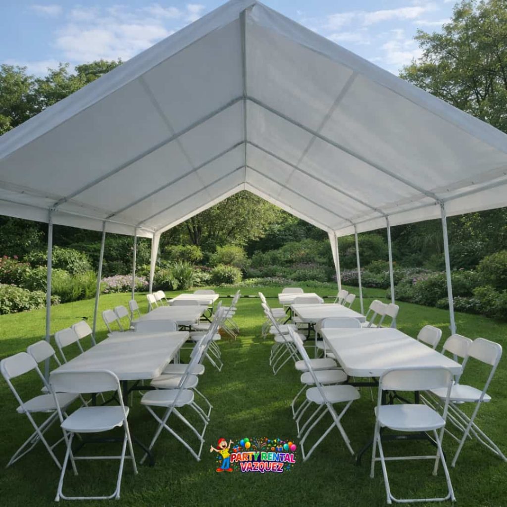 13x27 PE tent rental for 48 guests with tables and chairs, perfect for family parties, graduations, and outdoor events in Columbus, IN.