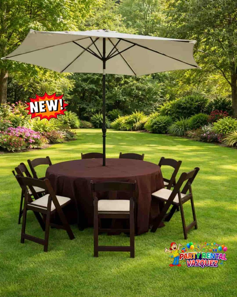 Round tables with chairs and patio umbrellas for rent in Columbus, Indiana, ideal for graduations, parties, weddings, and outdoor events, elegant setup for patios, gardens, and backyard gatherings