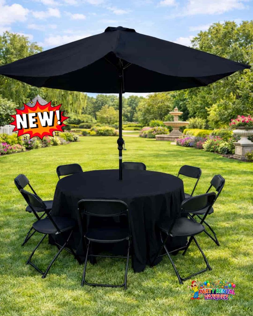Round tables with chairs and patio umbrellas for rent in Columbus, Indiana, ideal for graduations, parties, weddings, and outdoor events, elegant setup for patios, gardens, and backyard gatherings