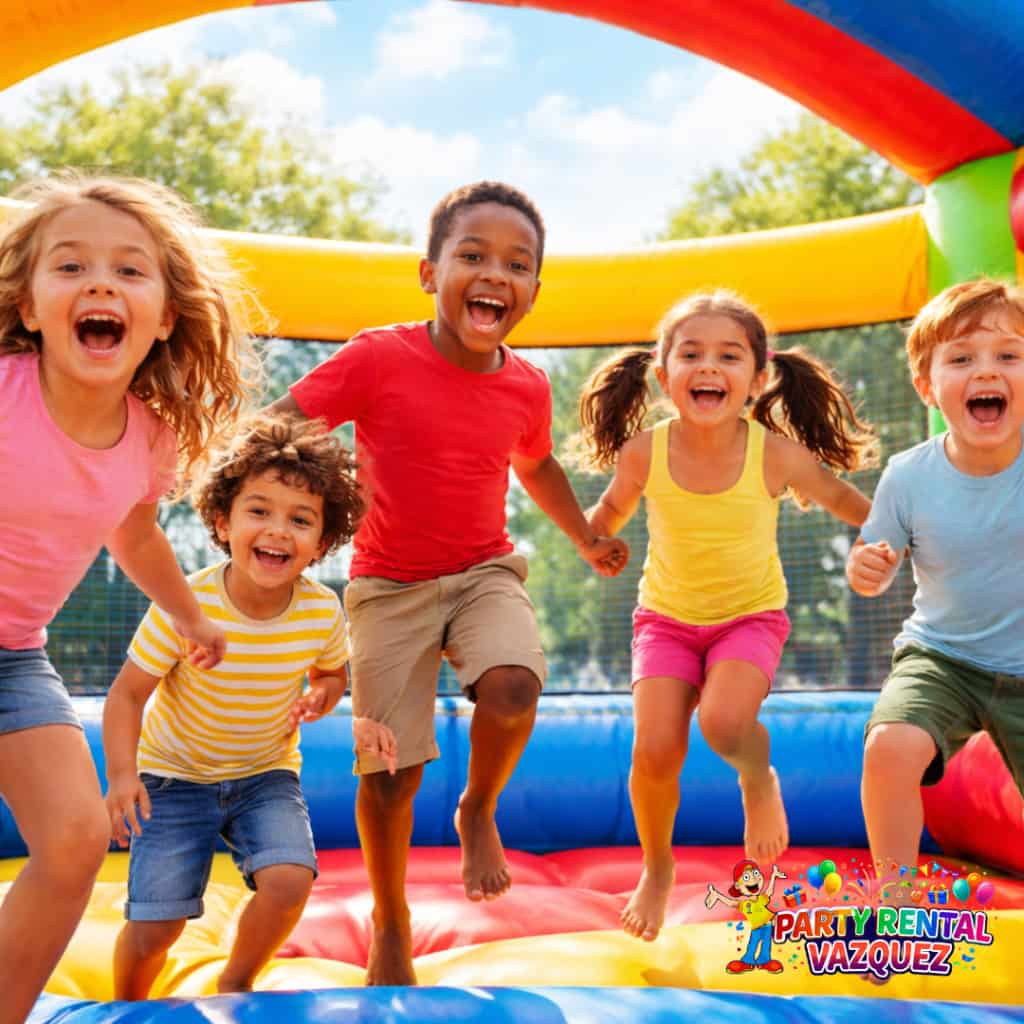 Kids enjoying a colorful bounce house safely at a party in Columbus, Indiana – answers to frequently asked questions about bounce house rentals, safety tips, and party planning