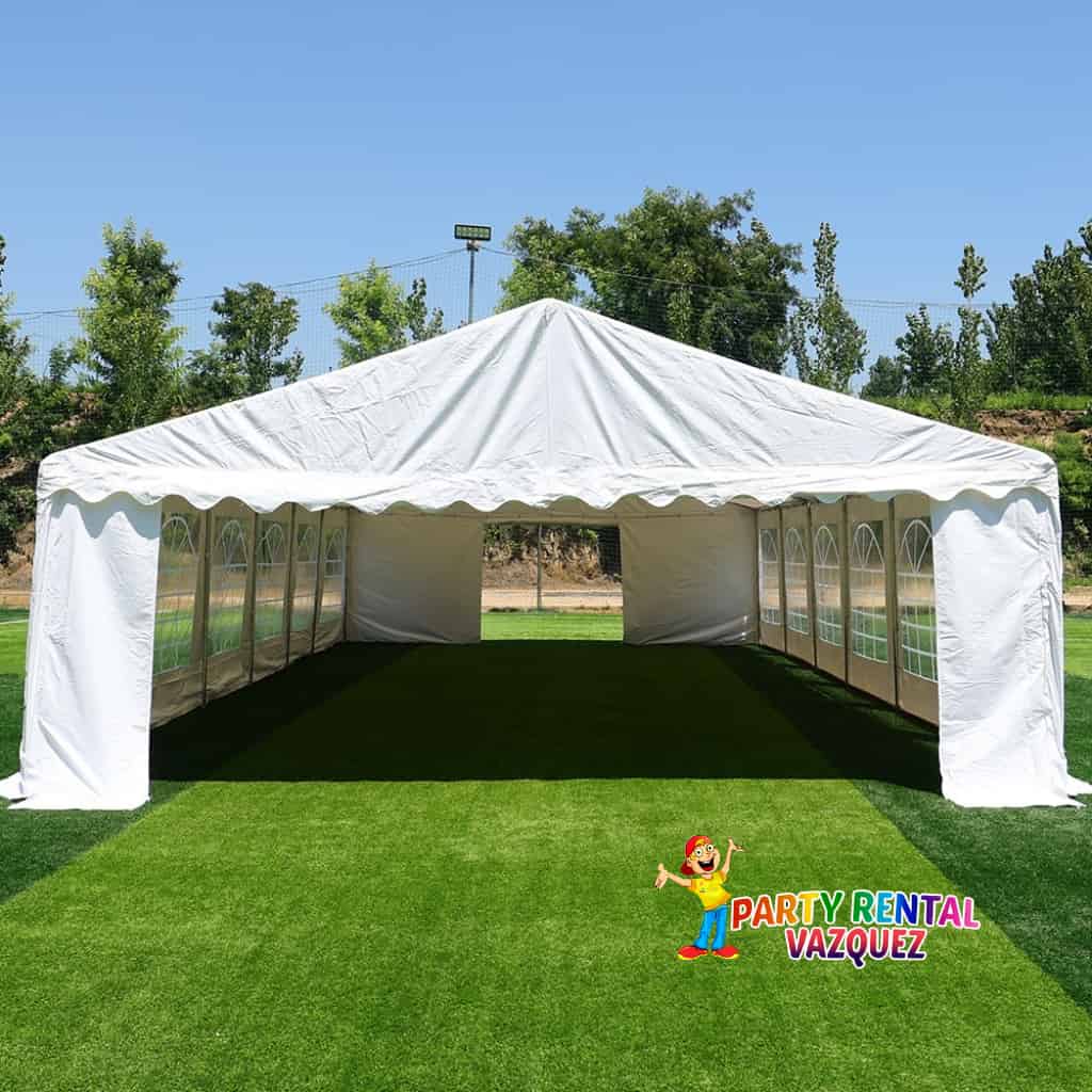20x40 ft premium PVC event tent with 8 round tables and 64 chairs, perfect for weddings, birthday parties, and corporate events in Columbus, Indiana