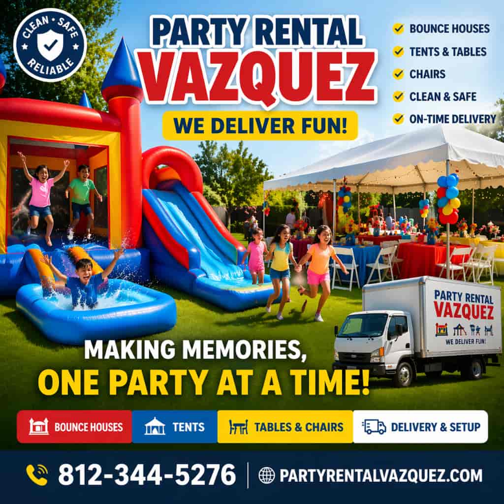 Collage of Party Rental Vazquez services including medium water slides, bounce houses, and backyard party setups in Columbus, Indiana, showcasing clean, safe, and fun inflatables for birthdays and events