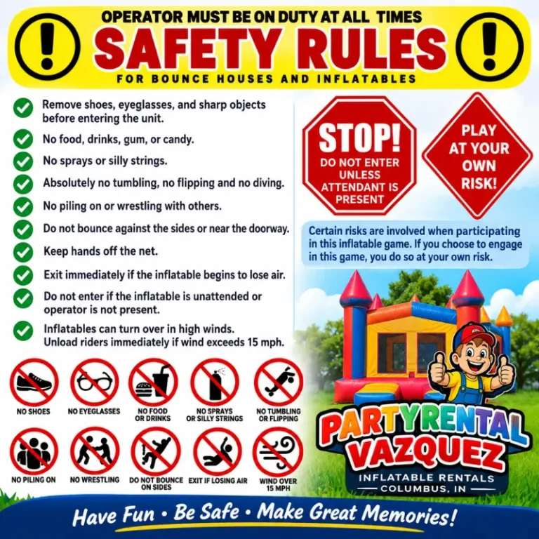 Party Rental Vazquez safety guidelines and professional equipment setup for bounce houses, tents and party rentals in Columbus, Indiana.